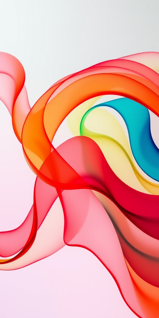Create an abstract composition of flowing shapes and colors blending into each other, using vivid reds, greens, blues, and yellows, captured in high resolution with a Canon EOS R5, 50mm lens, f/1.8 aperture, ISO 100, and a 1/200s shutter speed, in a soft-lit studio environment to enhance vibrancy and depth.