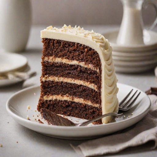 Create an image of a slice of layered cake on a simple plate. The cake should have distinct layers of chocolate and vanilla, with creamy frosting in between. The slice should be positioned to show the texture and colors of the layers clearly, with a clean and minimalistic background.