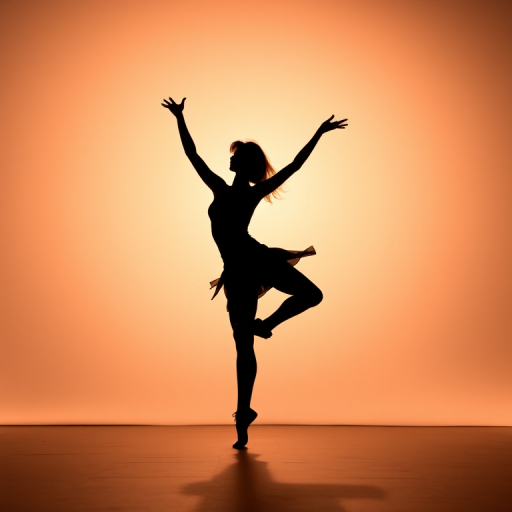 Create a high-contrast silhouette image of a dancer in motion against a simple background, using a DSLR camera at f/1.8 aperture, ISO 200, 1/200s shutter speed, with a 50mm prime lens, captured from a low angle for dynamic perspective.