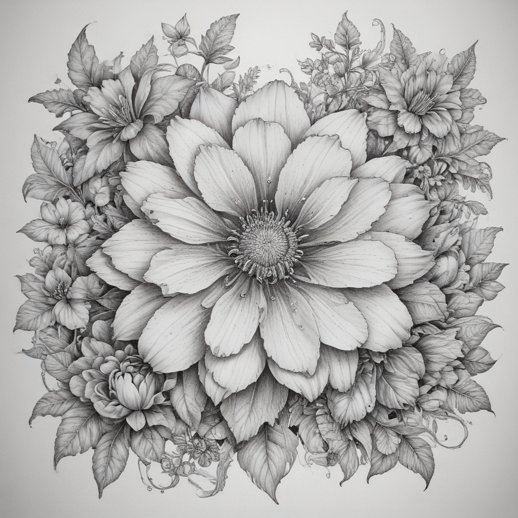 Intricate Black and White Floral Design with Lush Blooms and Leaves