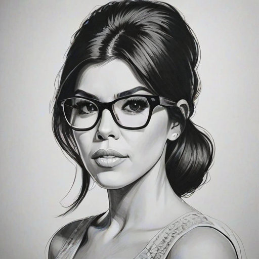 Radiant Kourtney Kardashian, pencil sketch, portrait of Sublime woman 1960s in glasses, hair style beatnik, outline, clear lines, fine lines, 8k