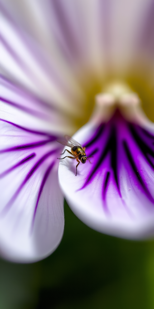 macro shot of a white and purple flower with a small insect on it, f/2.8 aperture, 100mm lens, ISO 200, shallow depth of field, natural lighting, captured with a DSLR camera