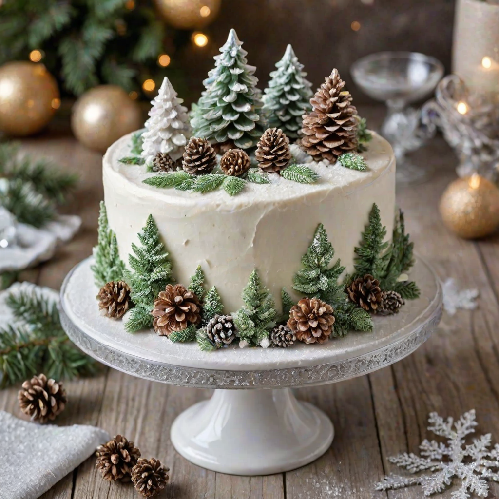 Create an image of a festive winter-themed cake. The cake should be white and decorated with snow-covered pinecones, frosted greenery, and shimmering ornaments. Add a touch of sparkle with edible glitter, and ensure the overall look is elegant and wintry.
