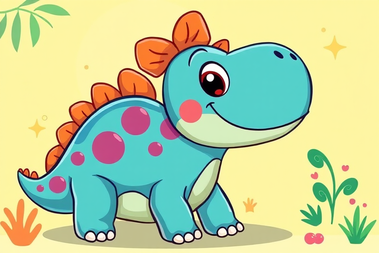 Create a vibrant and whimsical illustration of a friendly cartoon dinosaur, using a Canon EOS R5 with a 24-70mm f/2.8 lens, aperture set to f/4, ISO 200, and focal length at 50mm, in a bright and colorful style with a playful background.