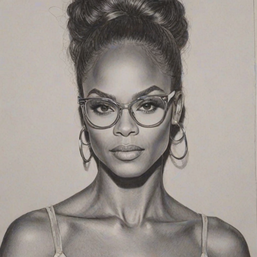 Beauteous Tika Sumpter, pencil sketch, portrait of Dazzling woman 1976s in glasses, hair style beatnik, outline, clear lines, fine lines, 8k