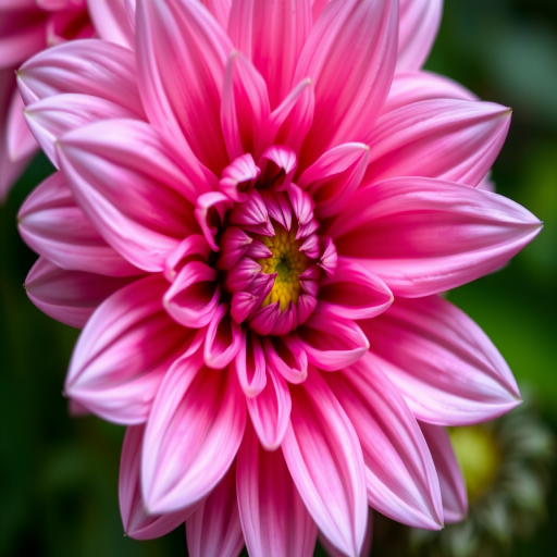 Close-up of a pink dahlia flower with intricate petals and a vibrant center, taken with a DSLR camera, macro lens, aperture f/4, shutter speed 1/200s, ISO 100, natural light, shallow depth of field.