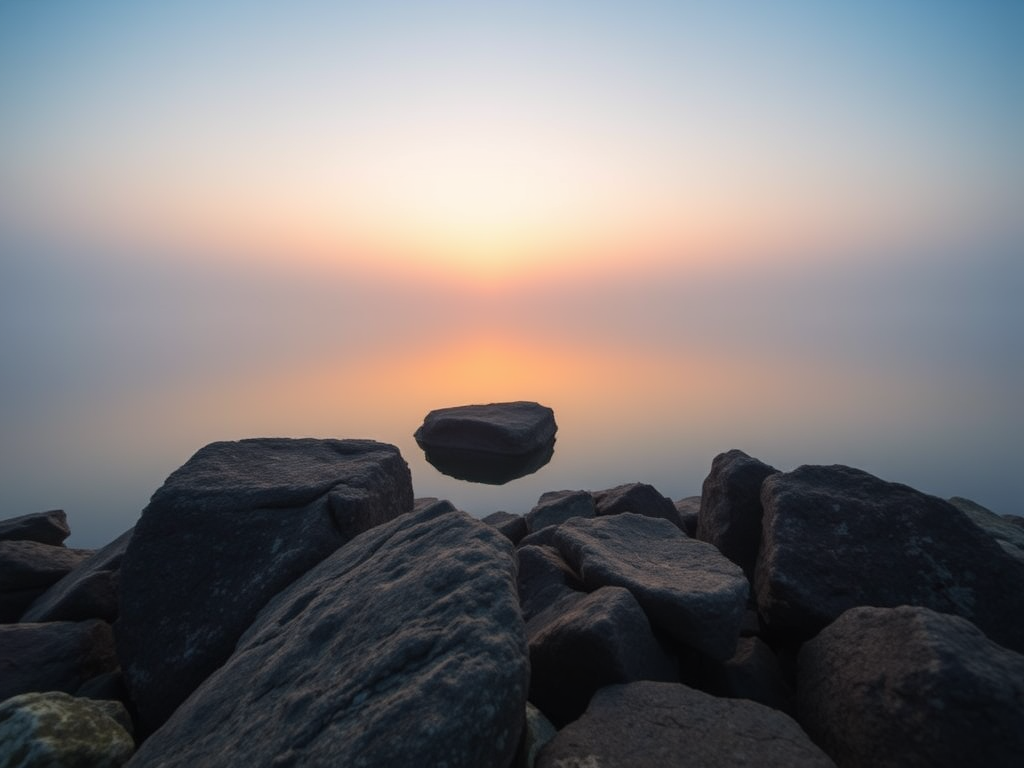 Capture a foggy sunrise scene over a lake with large rocks in the foreground, using a Canon EOS 5D Mark IV, 24mm f/4 lens, aperture set to f/11, shutter speed at 1/60 sec, ISO 100, and a soft focus effect to enhance the mood.