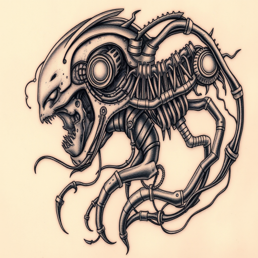 Biomechanical tattoo titled "Cyborg Evolution" merging organic forms with mechanical elements to create a futuristic hybrid aesthetic with metallic highlights and exposed inner workings