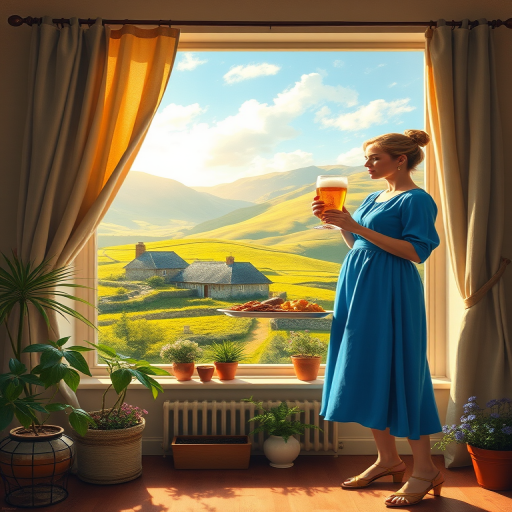 In "A Glass of Beer on the Highland," a serene scene is depicted in a sunlit room where a woman in a vibrant blue dress stands by a large window. She holds a tray with a hearty meal and a frothy glass of beer, embodying a moment of relaxation. Outside, the breathtaking highland landscape features rolling green hills and a charming traditional house, all bathed in warm afternoon light. The interior is adorned with potted plants, creating a harmonious blend of comfort and nature. The painting beautifully captures the tranquility and joy found in simple pleasures amidst stunning scenery