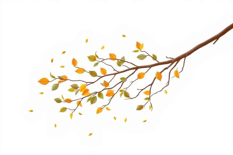 Create an illustration of a stylized tree branch with scattered leaves, capturing a minimalist design on a plain white background, shot with a DSLR camera at f/2.8, ISO 100, 50mm lens, in natural light with a soft focus effect.
