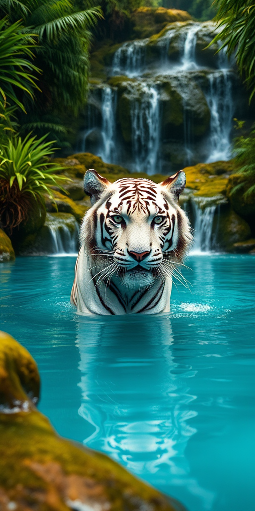 A majestic white tiger emerging from a serene blue lagoon surrounded by lush greenery and cascading waterfalls, captured with a Canon EOS R5, 50mm lens, f/1.8 aperture, ISO 100, soft natural lighting to enhance details and colors.