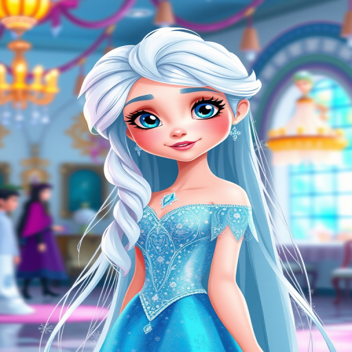 Create an illustration of a cartoon character inspired by ice princess themes with long white hair, wearing a shimmering blue gown, captured in a bright and colorful environment, using a DSLR camera with a 50mm lens, aperture set to f/2.8, ISO 100, and soft diffused lighting for enhanced clarity and vibrancy.