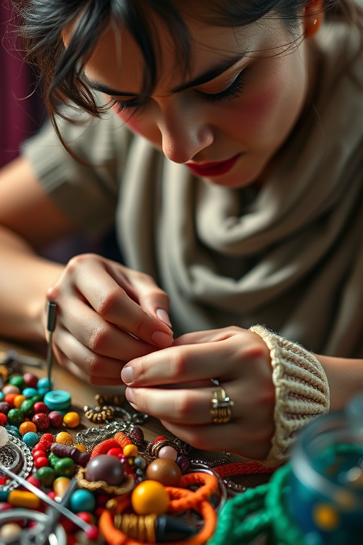 Close-up of a woman's hands crafting jewelry, surrounded by colorful beads and tools, with soft light highlighting her focused expression and the intricate details of her work.