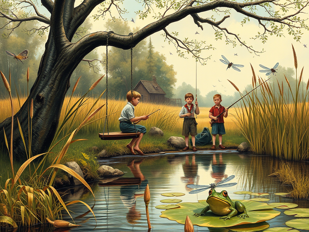 Imagine a small group of old fashioned young boys out fishing by the creek, a swing hanging from a tree branch, reeds and grasses by the water's edge, a frog sitting on a lily pad, dragonflies hovering over som water plans, a very iconic old fashioned scene reminiscent of a Norman Rockwell painting style