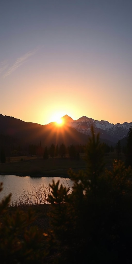 Create a high-resolution image of a scenic landscape featuring a sunset over a mountain range with a lake in the foreground, using a DSLR camera at f/8, ISO 100, 1/125 sec, shot from a low angle with a wide-angle lens at 24mm for depth and clarity.