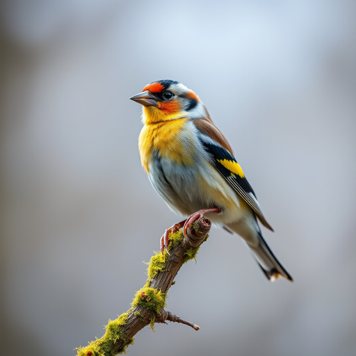 high-resolution photograph of a goldfinch perched on a moss-covered branch, using a Canon EOS R5 camera with a 100mm f/2.8 macro lens, aperture f/4, ISO 200, 1/500 sec, natural soft lighting, shallow depth of field, captured from a side view at eye level.