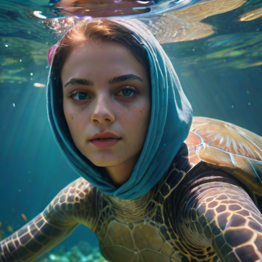 Realistic selfie image of a Mizrahi, wearing a vintage outfit, detailed dreamy eyes, droopy hooded eyes, staring at the camera, taken underwater at coral reef with a sunbeam filtering through the water, vibrant, summer vacation, natural lighting, turtle and school of tropical fish with vibrant colors, rendered in the style of CryEngine, Pegi Nicol MacLeod, with realistic genre scenes, hauntingly beautiful narratives, ultra-realism, and Thomas Saliot's close-up technique, 8K resolution, crystal clear and sparkling water.