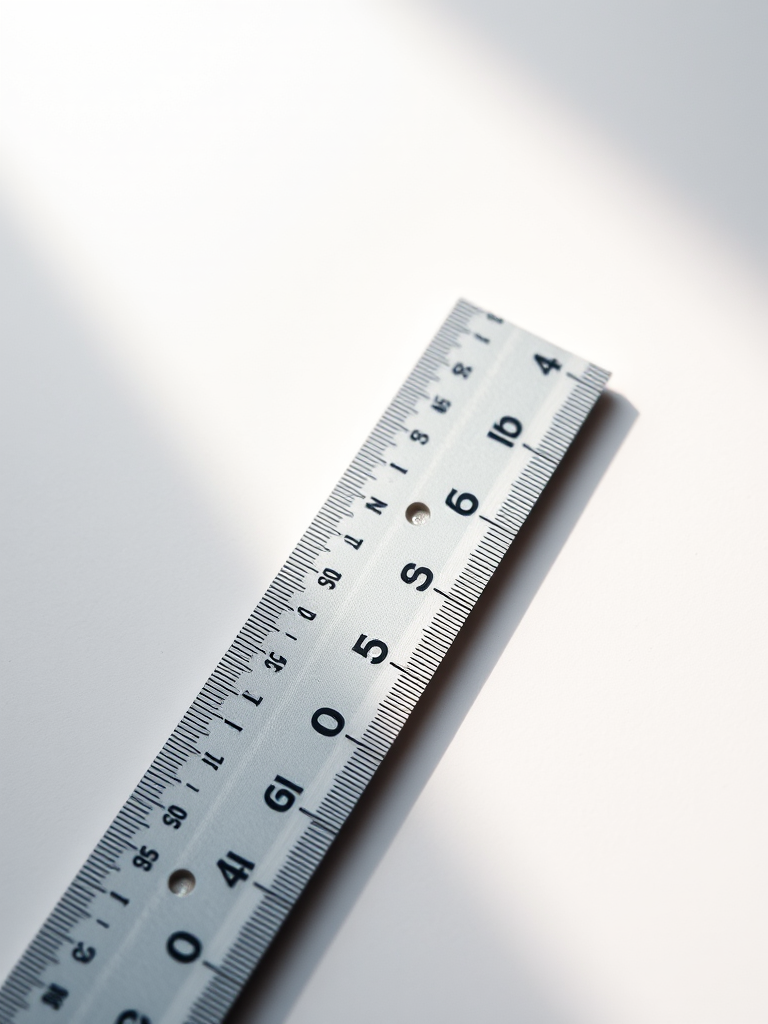 Create a high-resolution image of a straight ruler lying flat on a surface with soft lighting, using a DSLR camera set to f/8 aperture, ISO 100, 1/125 shutter speed, taken from a top-down view with a macro lens to enhance details.
