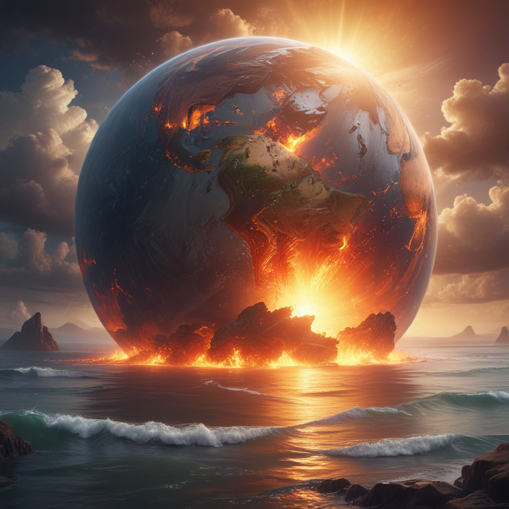 Fiery Eruption of Earth’s Core Beneath a Dramatic Sunset Horizon