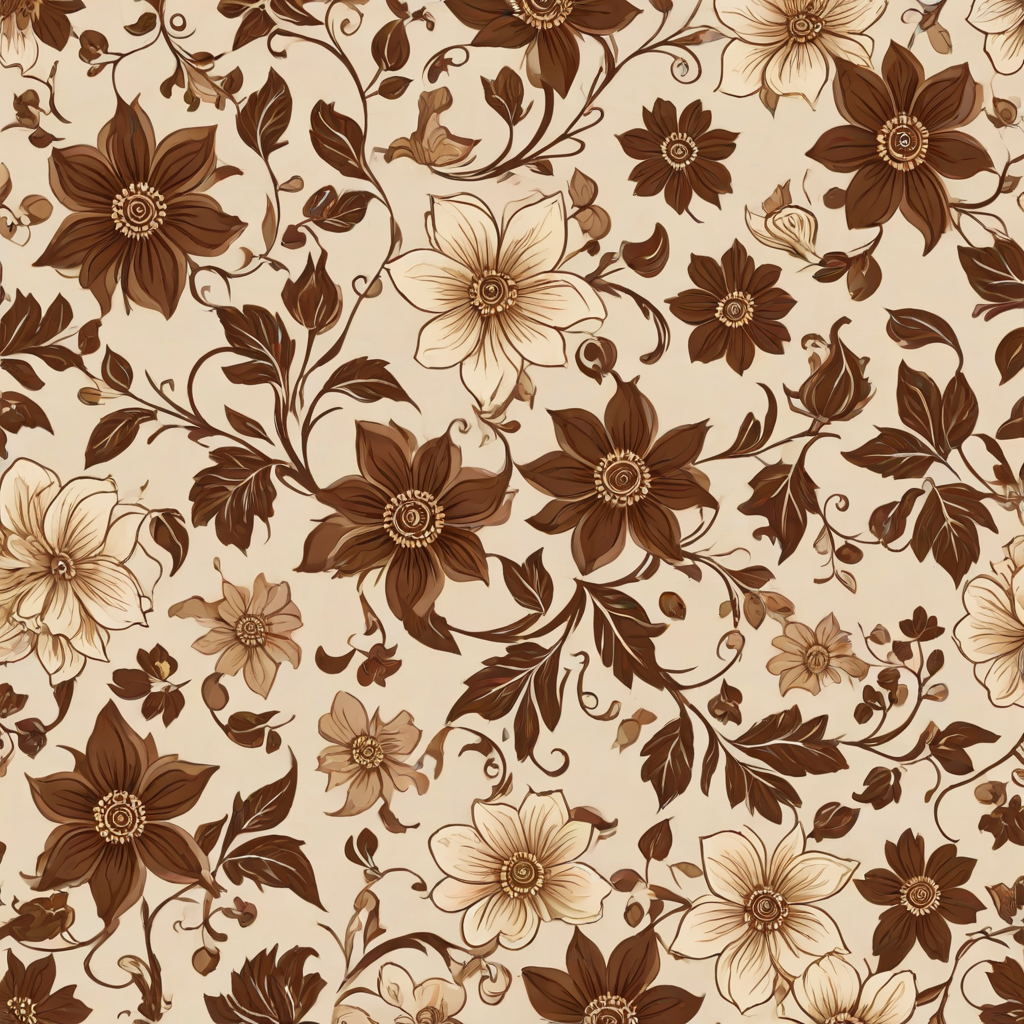 Create a seamless floral pattern featuring large brown and beige flowers with intricate designs, accompanied by smaller flowers and gentle vines on a light beige background.