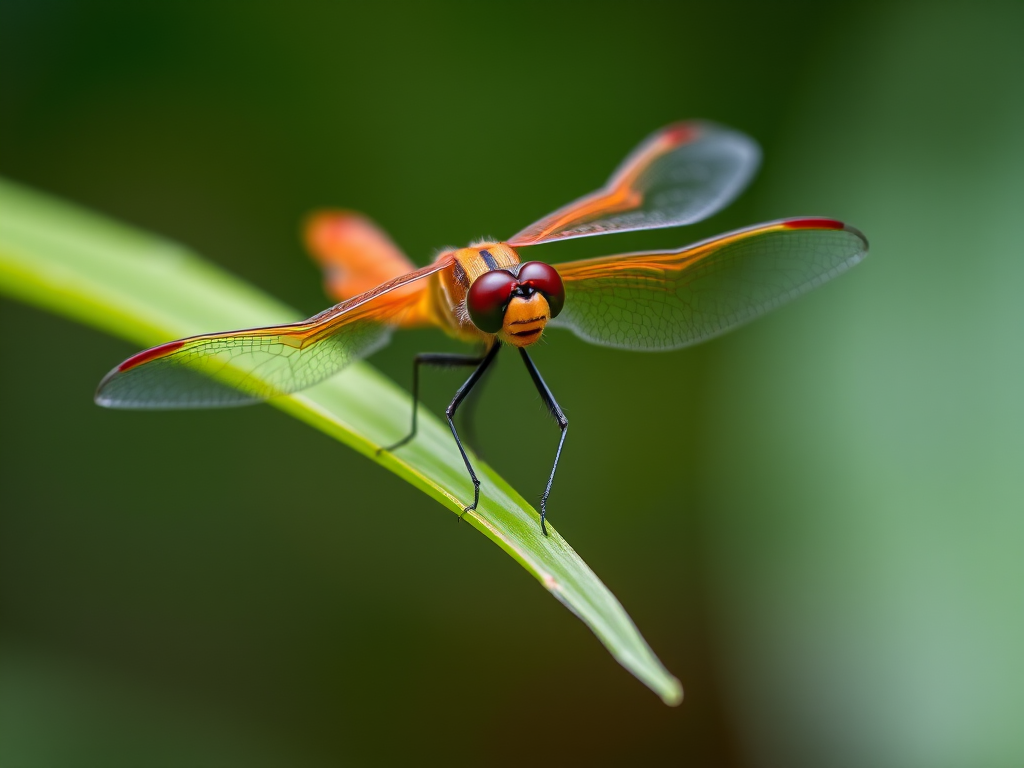 macro shot of a dragonfly perched on a green leaf with vibrant colors and intricate wing details, f/2.8 aperture, 1/500 shutter speed, ISO 200, taken with a DSLR camera at eye level for a sharp focus and blurred background effect.