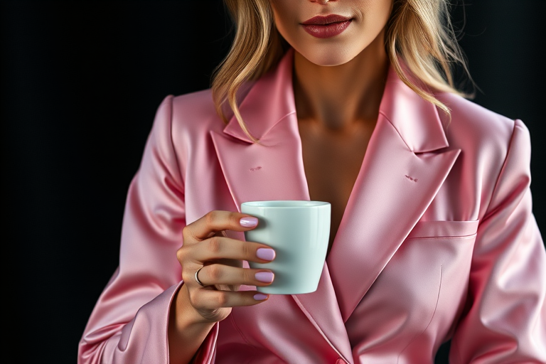 Regenerate the image of a woman in a pink satin suit holding a coffee cup, shot with a 50mm lens at f/1.8, in soft diffused lighting, with a shallow depth of field, using a full-frame DSLR camera, in a studio setting with a dark background.