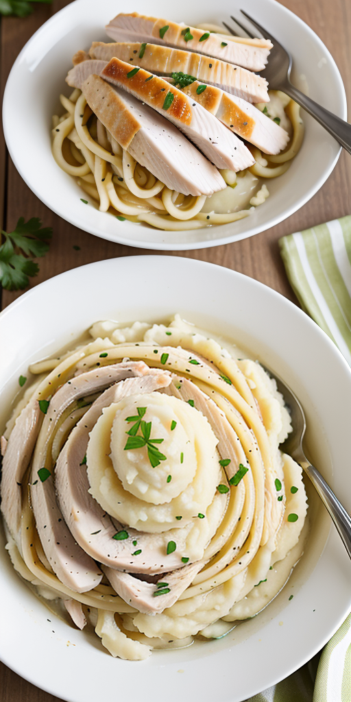 chicken noodles and mashed potatoes