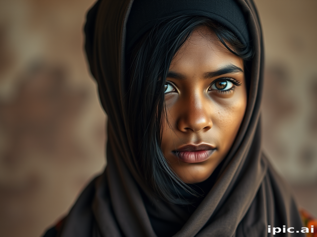 Create a portrait of a young Sri Lankan woman with long, dark hair and captivating hazel eyes. She is wearing a dark headscarf and a matching scarf draped gracefully around her neck. The background is softly blurred, focusing attention on her serene and natural expression. The overall color palette is muted and warm, enhancing the intimate and authentic feel of the portrait.