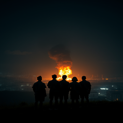 Create a dramatic night scene featuring four silhouetted figures in scout uniforms standing on a grassy hill, gazing at a fiery explosion in a devastated cityscape, shot with a Canon EOS R5 at f/4, ISO 100, 24mm, using a wide-angle lens for a cinematic perspective.