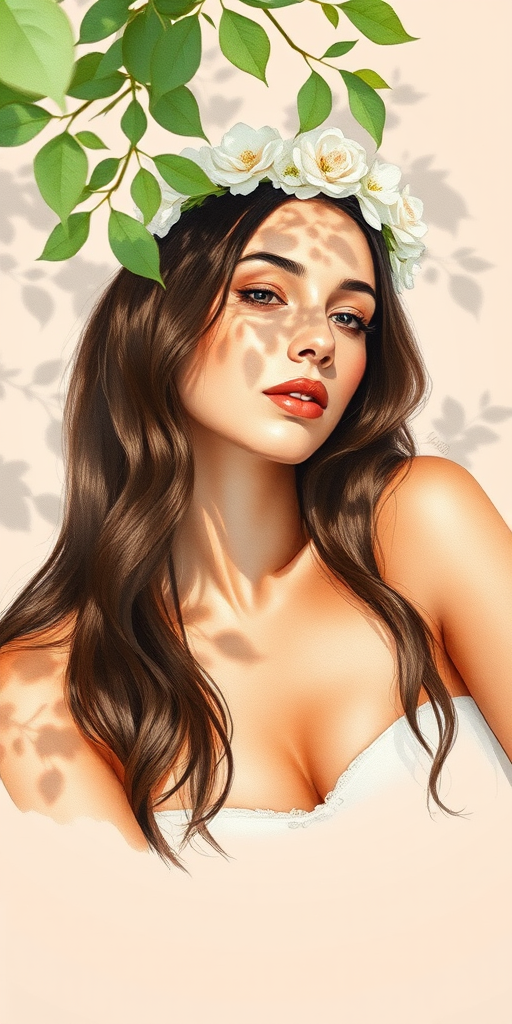 create a watercolor painting of an ethereal portrait of beautiful Sephardic woman with a simple white flower crown on her head. Her hair is long and she is lying on the ground. The sunlight on the trees casts shadows from the leaves on her face and body. The background is a neutral brown color that matches her skin tone. The image is minimalist and solid colors. This style is characterized by soft, delicate brushstrokes and a light, airy, contrasting color palette. High level of detail and play of light
