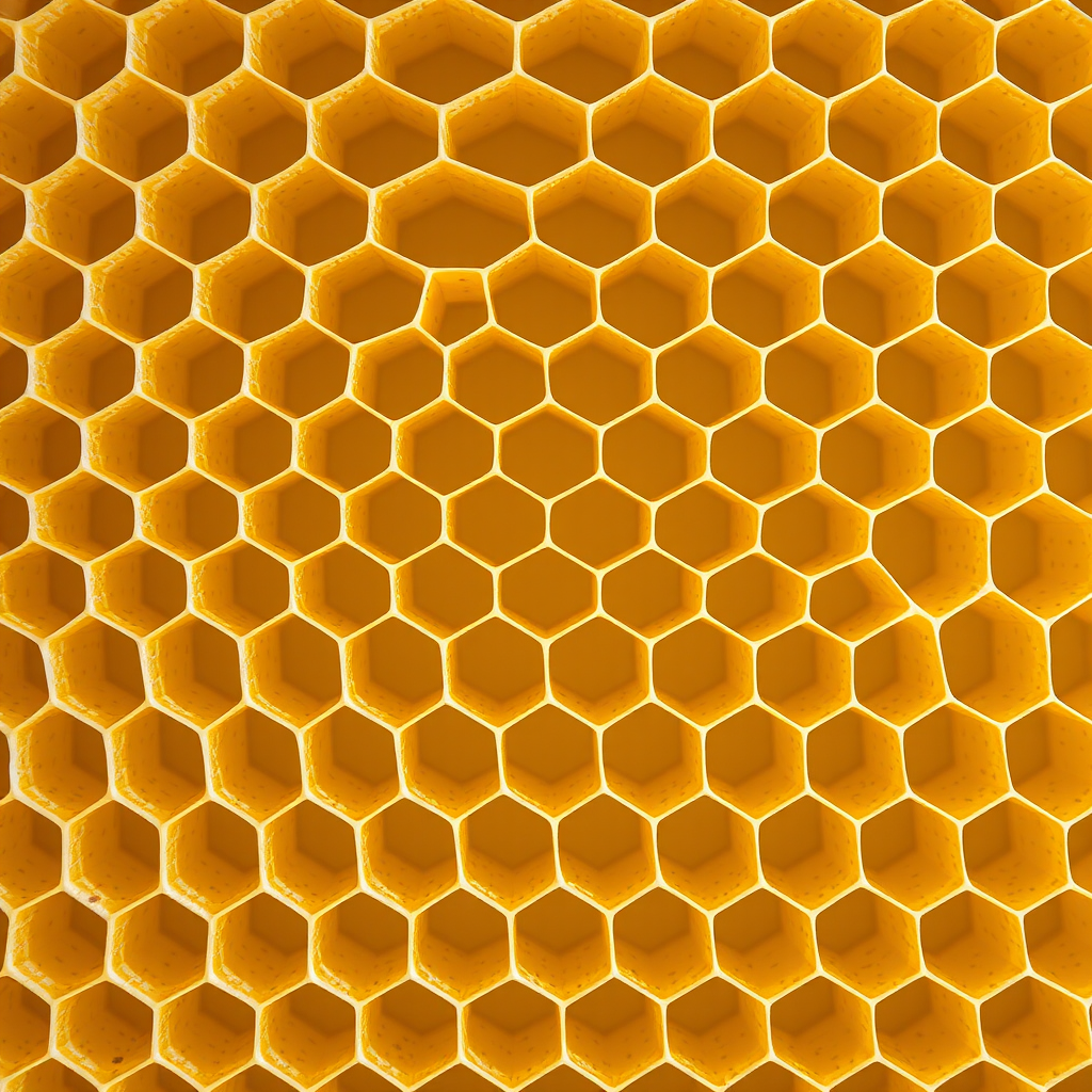 Create a high-resolution image of a honeycomb pattern with varying shades of yellow, using a Canon EOS R5 camera, 50mm lens, f/8 aperture, 1/125 sec shutter speed, and ISO 200, shot from a top-down view with a clean, minimalist background.