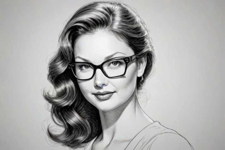 Attractive Ashley Judd, pencil sketch, portrait of Alluring woman 1945s in glasses, hair style beatnik, outline, clear lines, fine lines, 8k