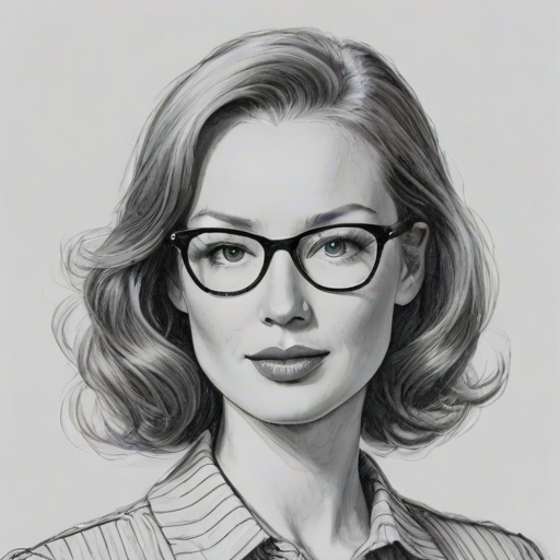 Wonderful Alicia Witt, pencil sketch, portrait of Resplendent woman 1952s in glasses, hair style beatnik, outline, clear lines, fine lines, 8k