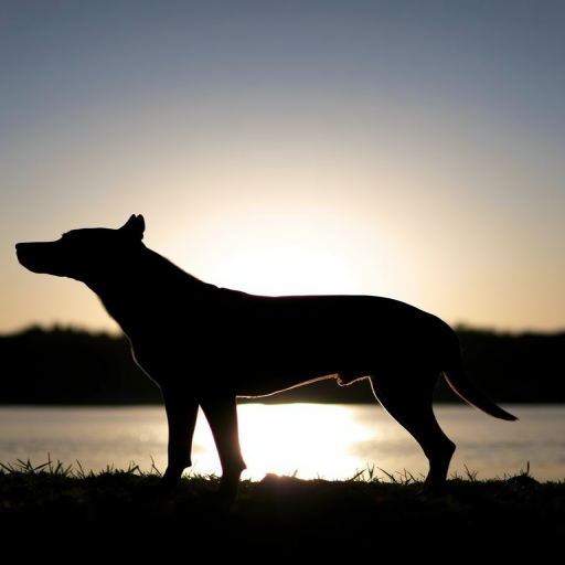 Create a high-resolution silhouette of a standing dog with detailed contours and smooth edges, using a DSLR camera with a 50mm lens, f/1.8 aperture, ISO 100, 1/200 shutter speed, shot from eye level in natural daylight.