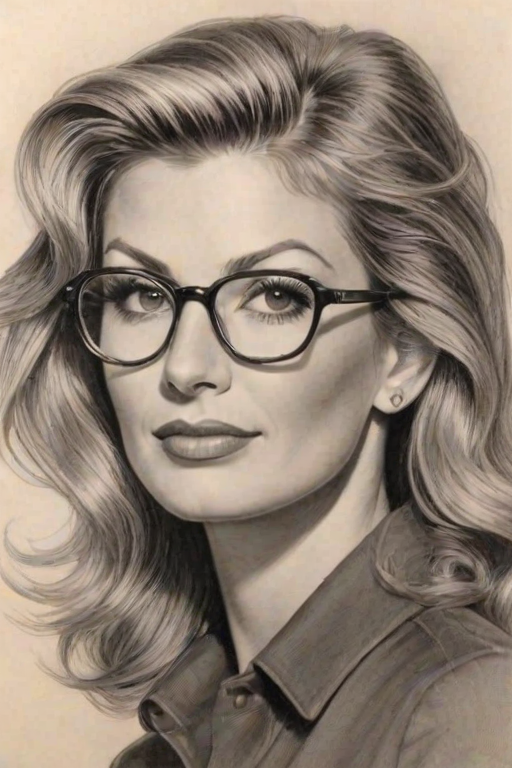 Appealing Faith Hill, pencil sketch, portrait of Enchanting woman 1942s in glasses, hair style beatnik, outline, clear lines, fine lines, 8k