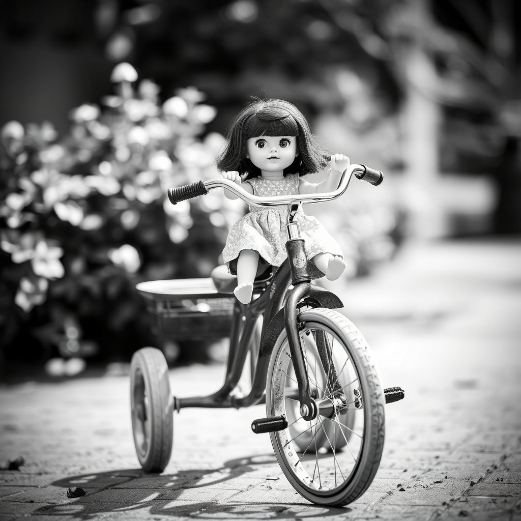 capture a close-up shot of a vintage tricycle with a doll seated on it in a monochrome style, use a shallow depth of field with an aperture of f/2.8, ISO 200, shutter speed 1/125s, natural light from the side, taken with a DSLR camera at eye level