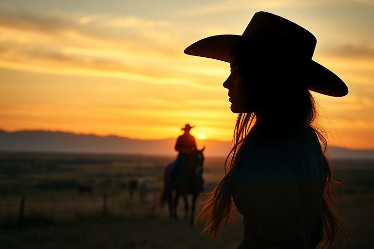 "Create a Double exposure", a silhouette "profile portrait of a young cowgirl" with long hair "superimposed" against a long shot of a cowgirl riding a horse across the plains, fantastic view, 32k, cinematic, hyper-realistic.