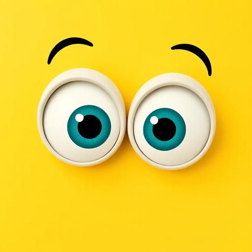 Create a playful cartoon image of large, expressive eyes with white sclerae and teal pupils against a bright yellow background, captured with a digital camera set to f/8 aperture, 50mm lens, in standard view, using a flat lay style for a clean and vibrant look.