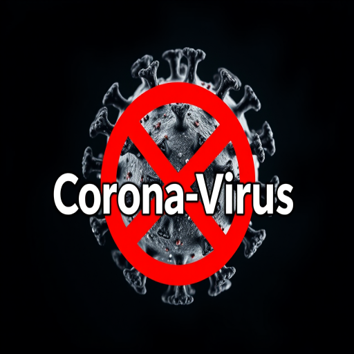 Create an image of a stylized coronavirus with a bold red prohibition sign over it, accompanied by the text "Corona-Virus" in a prominent font, using a Canon EOS R5 camera with a 24-70mm f/2.8 lens at f/5.6, ISO 100, and a shutter speed of 1/200s, in a high-contrast digital art style.