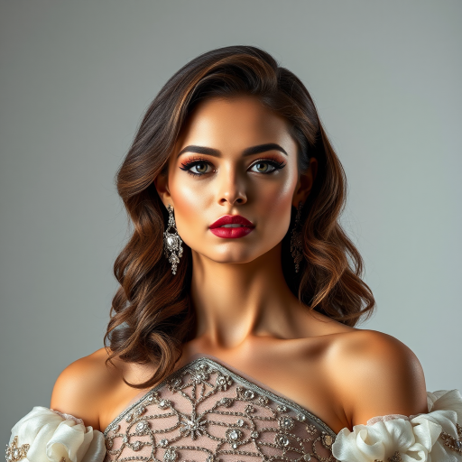 Studio portrait, female model, elegant couture dress, bold makeup, dramatic lighting, Utilize a 50mm portrait lens for crisp details and a soft background blur, 8k