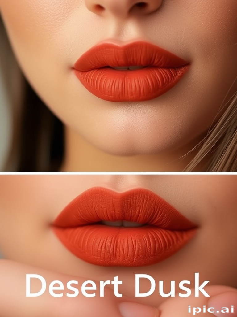 Matte terracotta lips with a suede-like texture, titled "Desert Dusk," exhibit a warm, earthy tone and soft-focus effect for a natural yet polished look