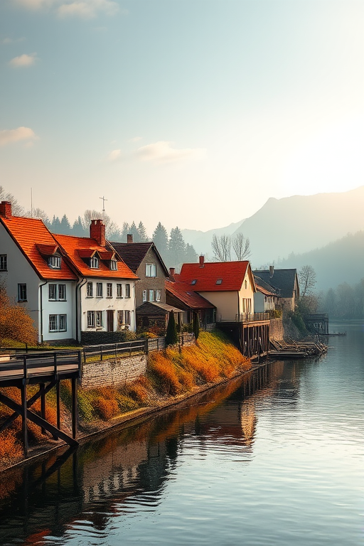Generate a serene landscape featuring quaint houses with orange roofs alongside a calm river, soft morning light illuminating the scene, using a DSLR camera with a 35mm lens, aperture f/8, ISO 100, and a shallow depth of field for a dreamy effect.