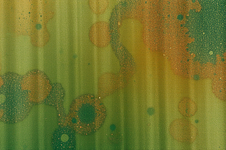 Create a high-resolution abstract texture image with a mix of green and brown hues, captured using a DSLR camera at f/8 aperture, ISO 100, 50mm lens, in soft natural lighting from a top-down view.