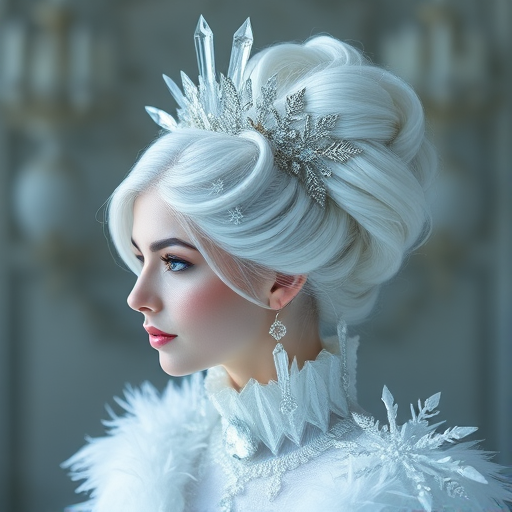 Ethereal white-haired ice queen sporting an elaborate updo with crystalline accessories and delicate snowflake details