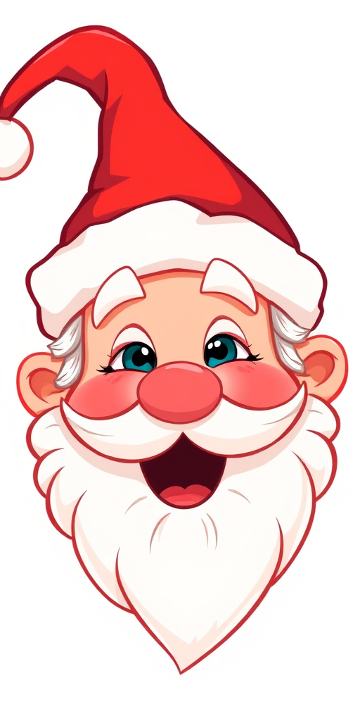 Create a high-resolution illustration of a cheerful cartoon Santa Claus face with curly hair, a red hat, and a prominent white beard, focus on vibrant colors and playful design, using a DSLR camera at f/8 aperture, 50mm lens, and a soft focus style for warmth and detail.