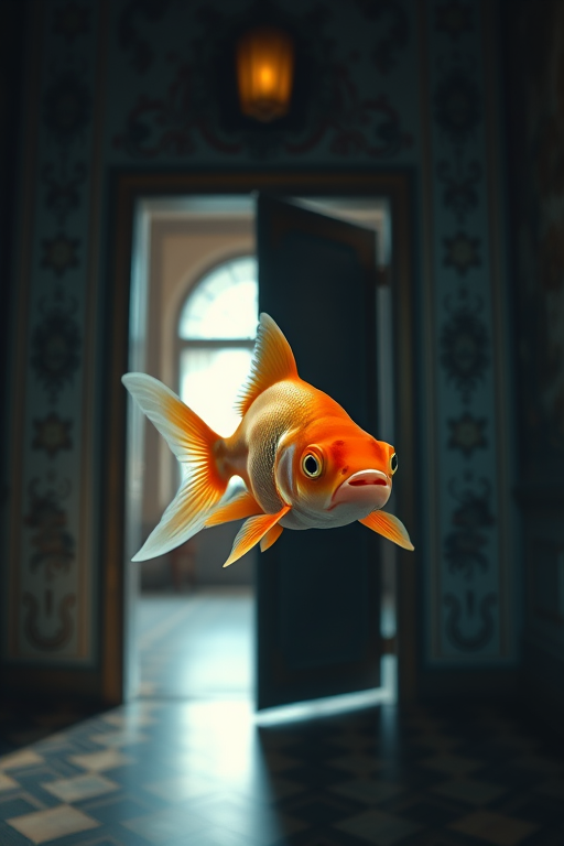 A large goldfish swimming through a door in an ornate, dimly lit room with intricate patterns on the walls, captured with a DSLR camera at f/2.8, ISO 100, 50mm lens, using a shallow depth of field for a dreamy effect and a soft focus background.
