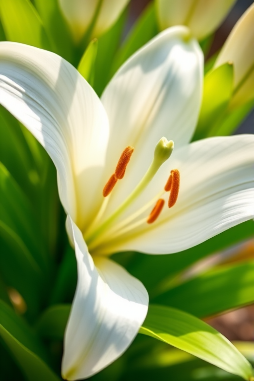Generate a high-resolution illustration of a white lily with vibrant green leaves, using a macro lens at f/2.8, 1/200 sec shutter speed, ISO 100, with natural soft lighting, and a focus on the flower's details and textures.