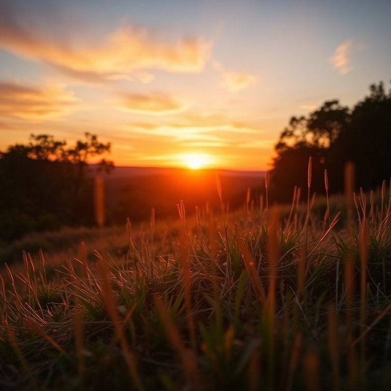 Generate a high-quality image of a serene landscape at sunset, using a DSLR camera with a 50mm lens, aperture set to f/1.8, ISO 200, shutter speed 1/100s, taken from a low angle view to emphasize the foreground, with warm color tones and vibrant skies.