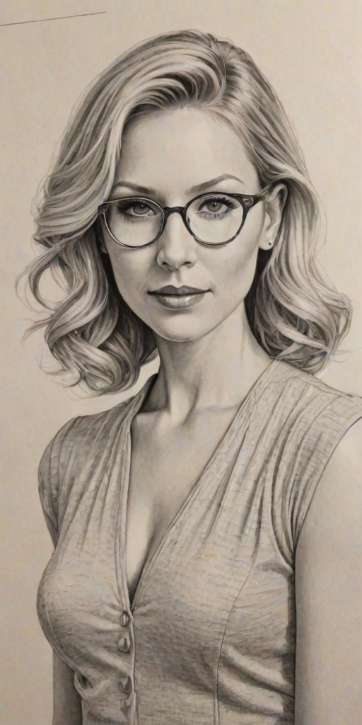 Exquisite Desi Lydic, pencil sketch, portrait of Exquisite woman 1932s in glasses, hair style beatnik, outline, clear lines, fine lines, 8k