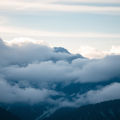 capture a majestic mountain scene shrouded in clouds during wintertime with soft light and enhanced contrast, use a DSLR camera, 24mm lens, aperture f/8, ISO 100, shutter speed 1/125s, natural light for a vivid yet ethereal quality